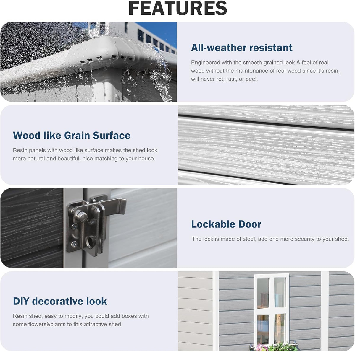 8x4 FT Resin Storage Shed with Floor Window for Outdoor Garden Waterproof Plastic Sheds Kit for Backyard Tool Storage, Gray