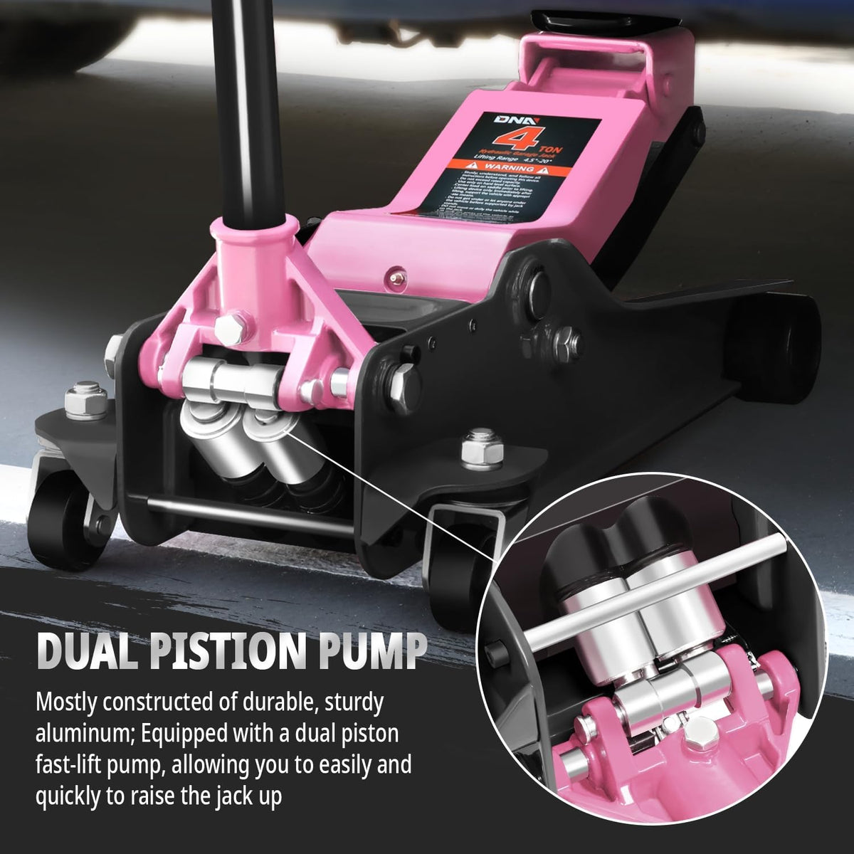DNA MOTORING Floor Jack 4 Ton (8000 lbs) Capacity, Fast Lift Low Profile Hydraulic Trolley Jack, Steel Heavy-Duty Service Car Jack, Lifting Range 4.5"-20", Pink, TOOLS-00308-PK