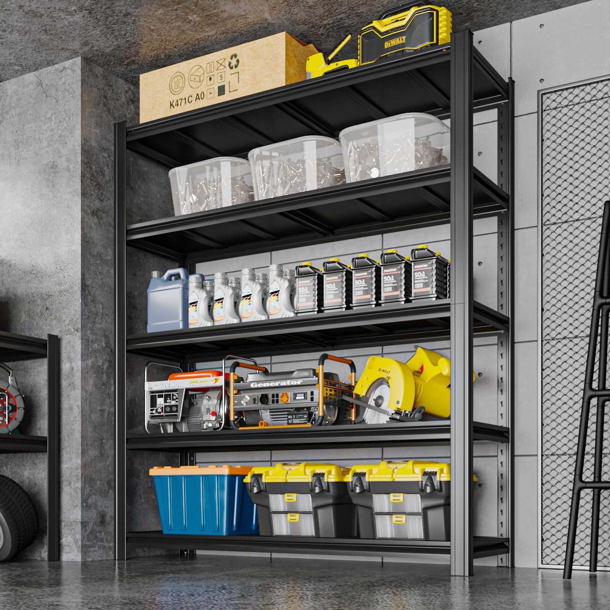 5 Tier Metal Shelving Unit 84" H x 48" W x 24" D, 3000LBS Adjustable Storage Shelves, Heavy Duty Garage Shelves for Warehouse, Basement, Kitchen, Pantry, Living Room, Black