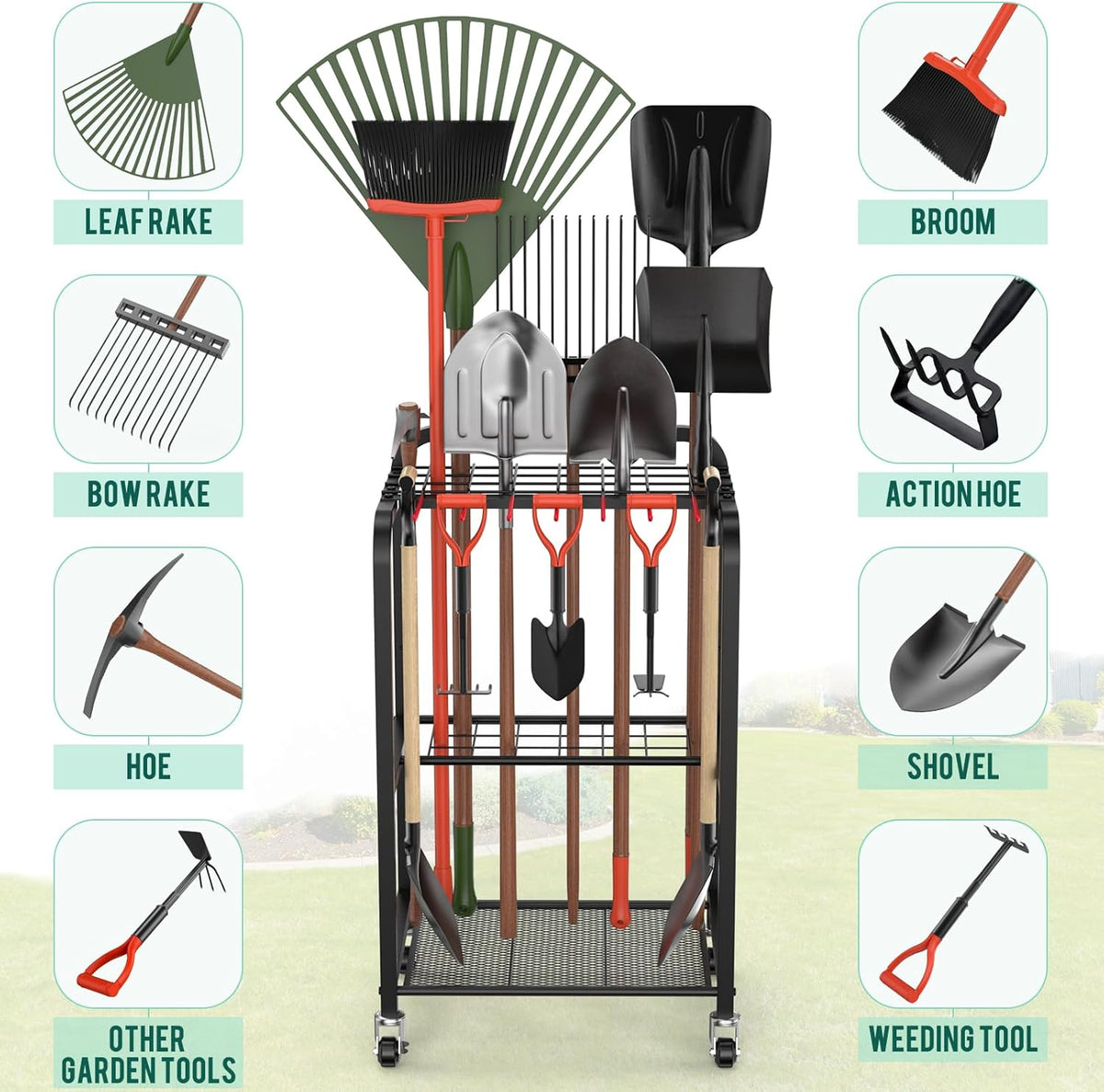 Trieez Garden Tool Organizer for Garage, Yard Tool Organizer with Wheels for Garage Organization and Storage - Sturdy Yard Tool Holder Tool Rack, for Shed, Outdoor, Tool Stand