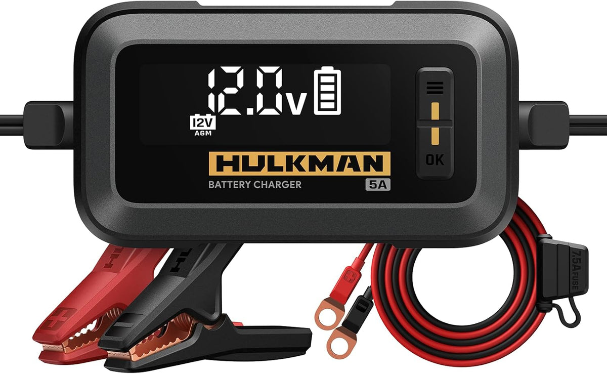 Hulkman Sigma 5, 5A Car Battery Trickle Charger, 12V and 6V Smart Charger, LiFePO4 and Lead-Acid Battery Automotive Maintainer with 3.2-in LED Display for Automobile, Motorcycle, ATV