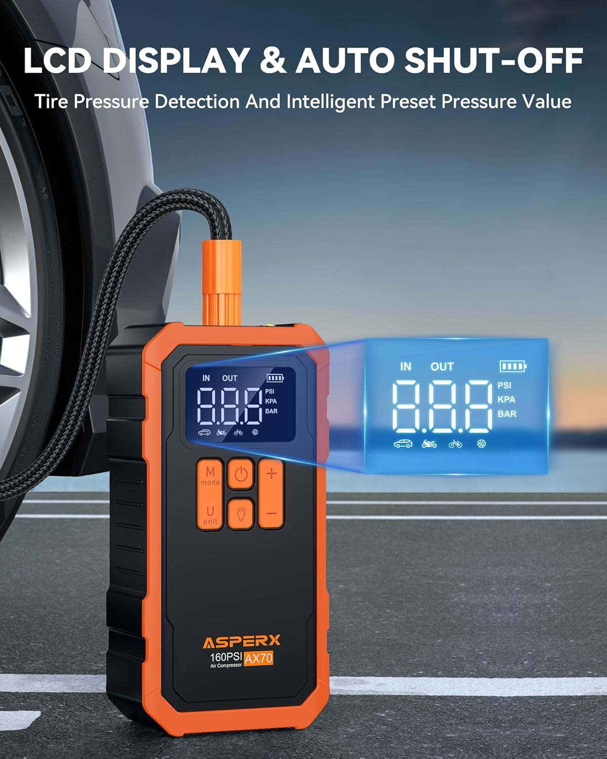 Tire Inflator Portable Air Compressor- 160PSI & 10000mAh Portable Air Pump with Carrying Case, LCD Display & LED Light, 3X Fast Inflation for Car, Bike, Motorcycle, Balls and more(Orange)
