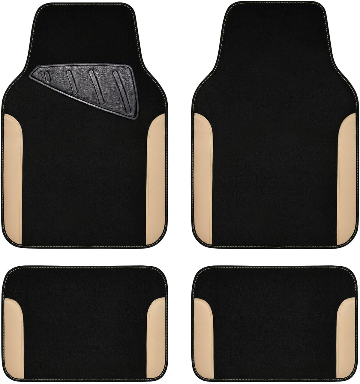 CAR PASS Waterproof Car Floor Mat, Universal Fit Car Mats with Driver Heel Pad, Leather Car Carpet, Anti-Slip Nibbed Backing Floor Mats for SUV, Vans,Sedan,Truck, Automotive Floor Mats (Black Beige)