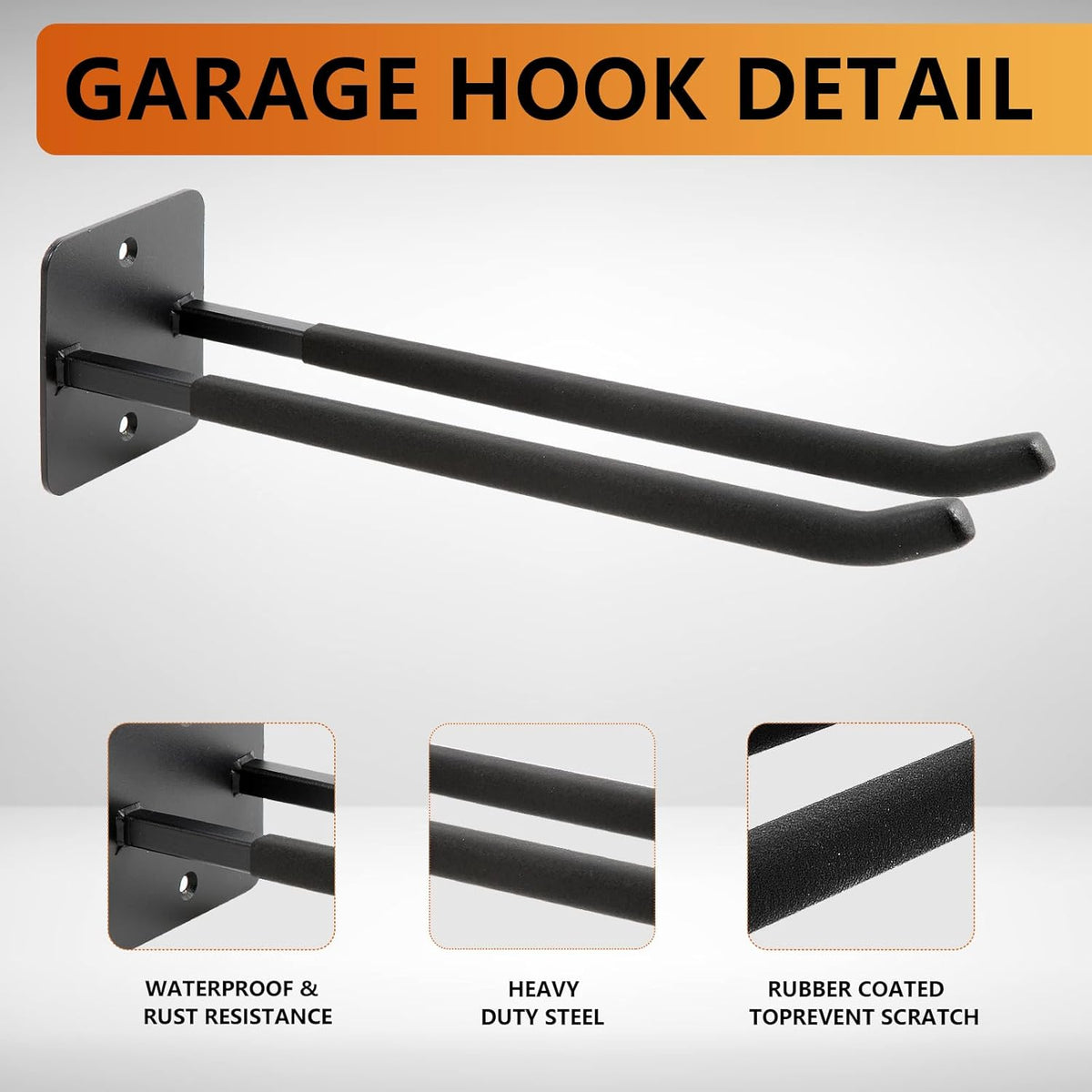 Sinoer Upgraded Garage Hooks,Shed Organizer, Utility Steel Garage Storage Hooks, 14 Inch Square Tube Garage Wall Mount Double Hooks for Yard, Tools, Car Tire, Garden Tools, 2 Pieces