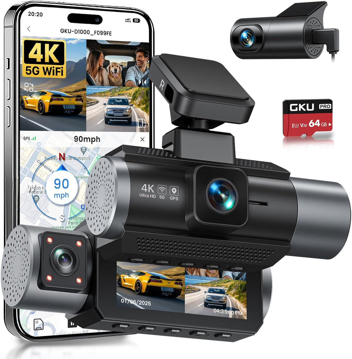 GKU 4K 3 Channel Dash Cam, 5.8GHz WiFi Built-in GPS, 4K+1080P+1080P Dash Cam Front and Rear Inside, 64GB Card Inserted, 24H Park Mode, Triple Car Camera 3 Inch Screen