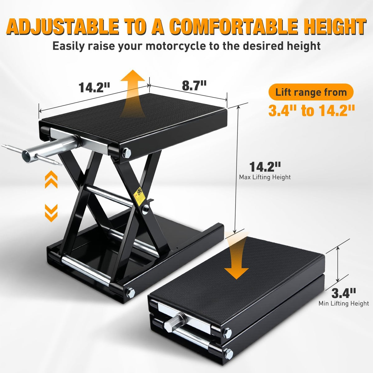 Nilight Motorcycle Lift Jack 1100 LBS Motorcycle Scissor Jack Stand Lift with Wide Deck Crank Handle 3.4"-14.2" Steel Scissor Hoist Garage Repair Lift Table Jacks for Motorcycles ATV Dirt Bike, Black
