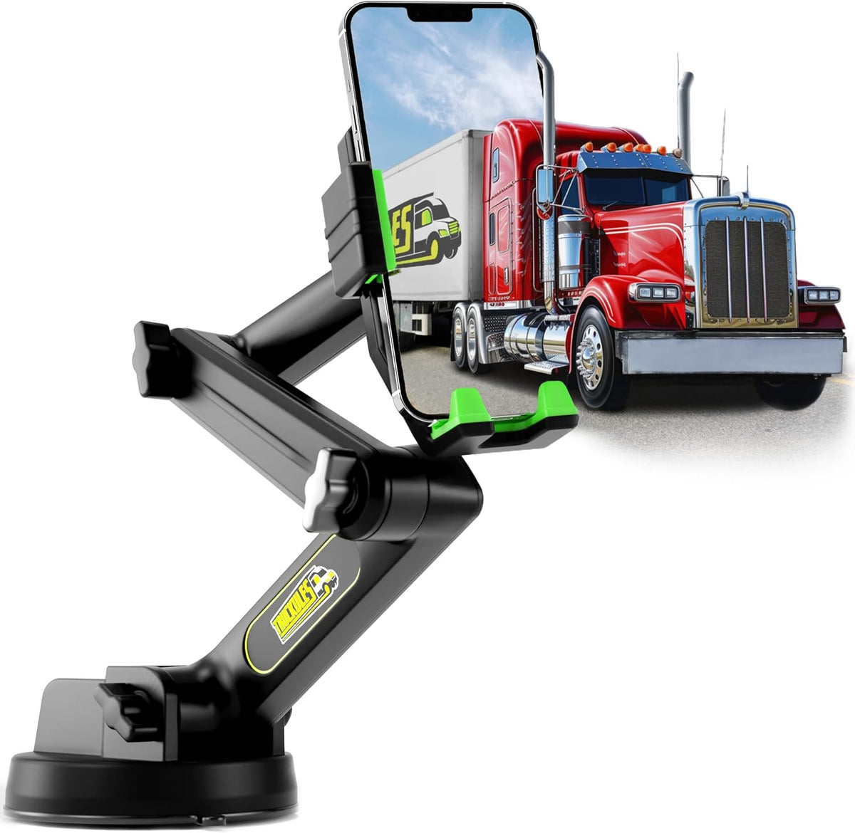 Phone Mount for Truck Phone Holder for Truck - Heavy Duty Super Suction Cup, Mobile Device Holder Dashboard Window 16.9 inch Long Arm & Stable, iPhone & Samsung Compatible, Big Rig Trucker, Green