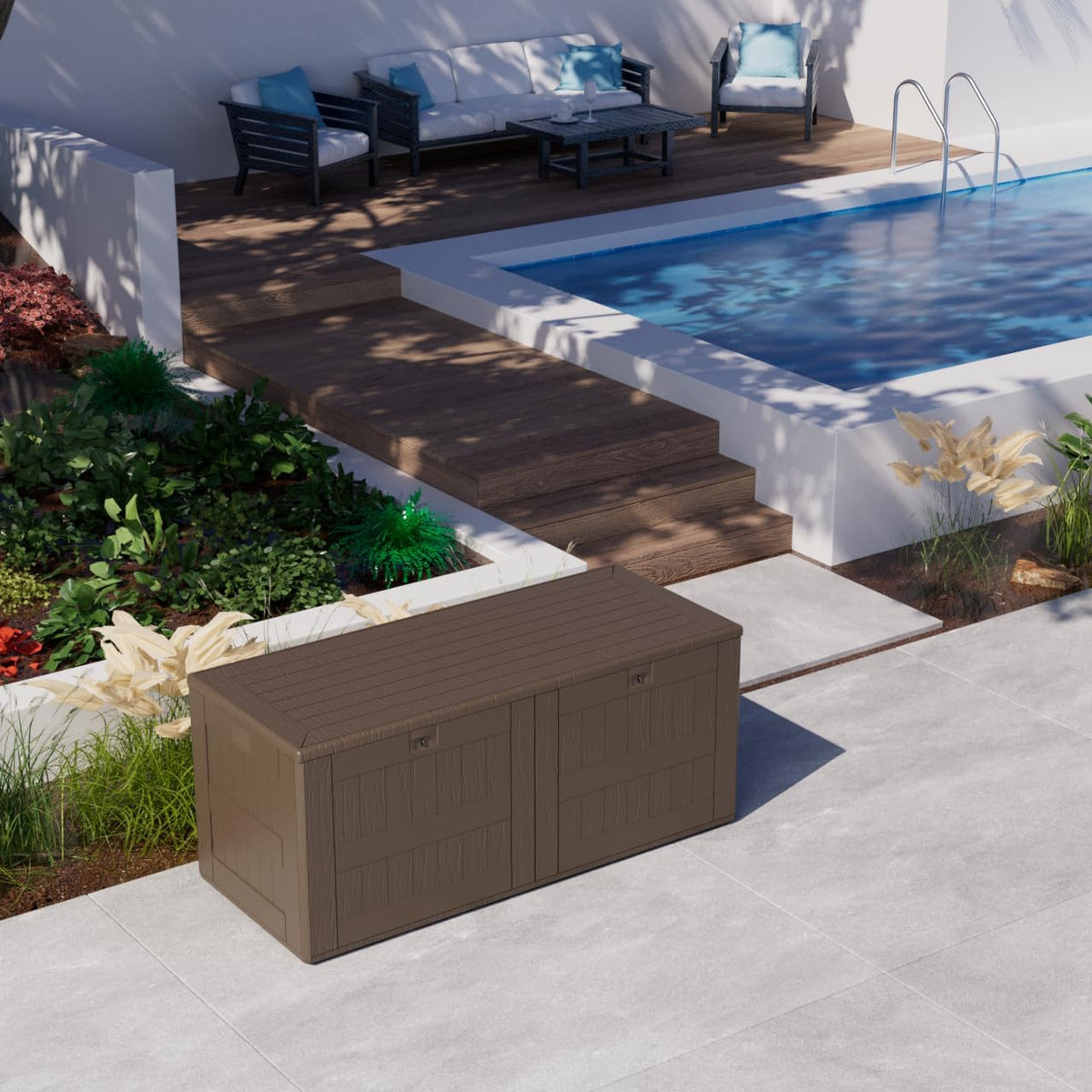 180 Pro Gallon Waterproof Outdoor Storage Bin Resin Deck Box for Patio, Poolside, and Garden, Lockable & UV-Resistant, Brown