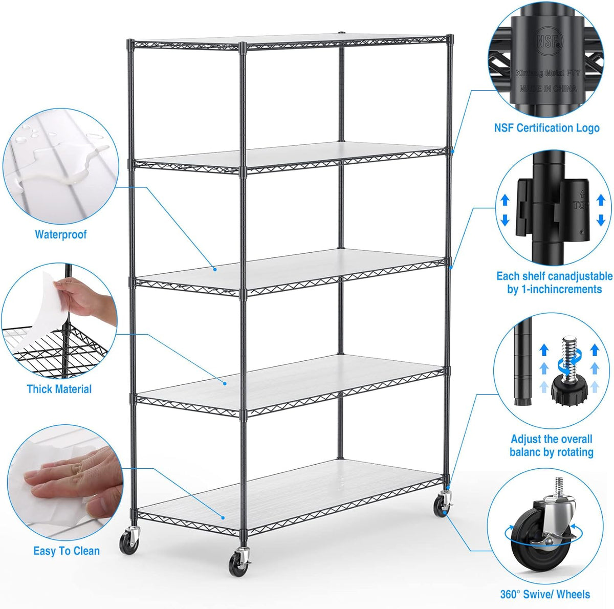 pouseayar Black 5 Tier Shelf Wire Shelving Unit, 6000lbs Capacity NSF Metal Heavy Duty Adjustable Storage Rack with Wheels & Shelf Liners, 82" H x 48" L x 24" D