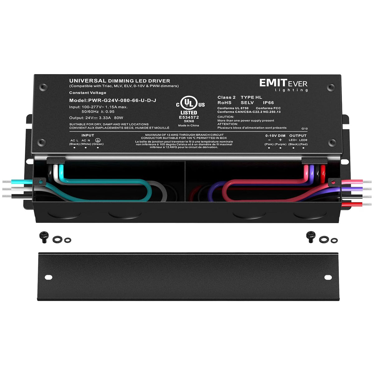 EMITEVER Dimmable Led Driver, 80W AC 110V-277V to DC 24V Transformer, 5-in-1 Dimming: ELV/MLV/TRIAC / 0-10V / 1-10V / 10V PWM/Potentiometer,Class 2,Waterproof IP67 and UL Listed，Class 2