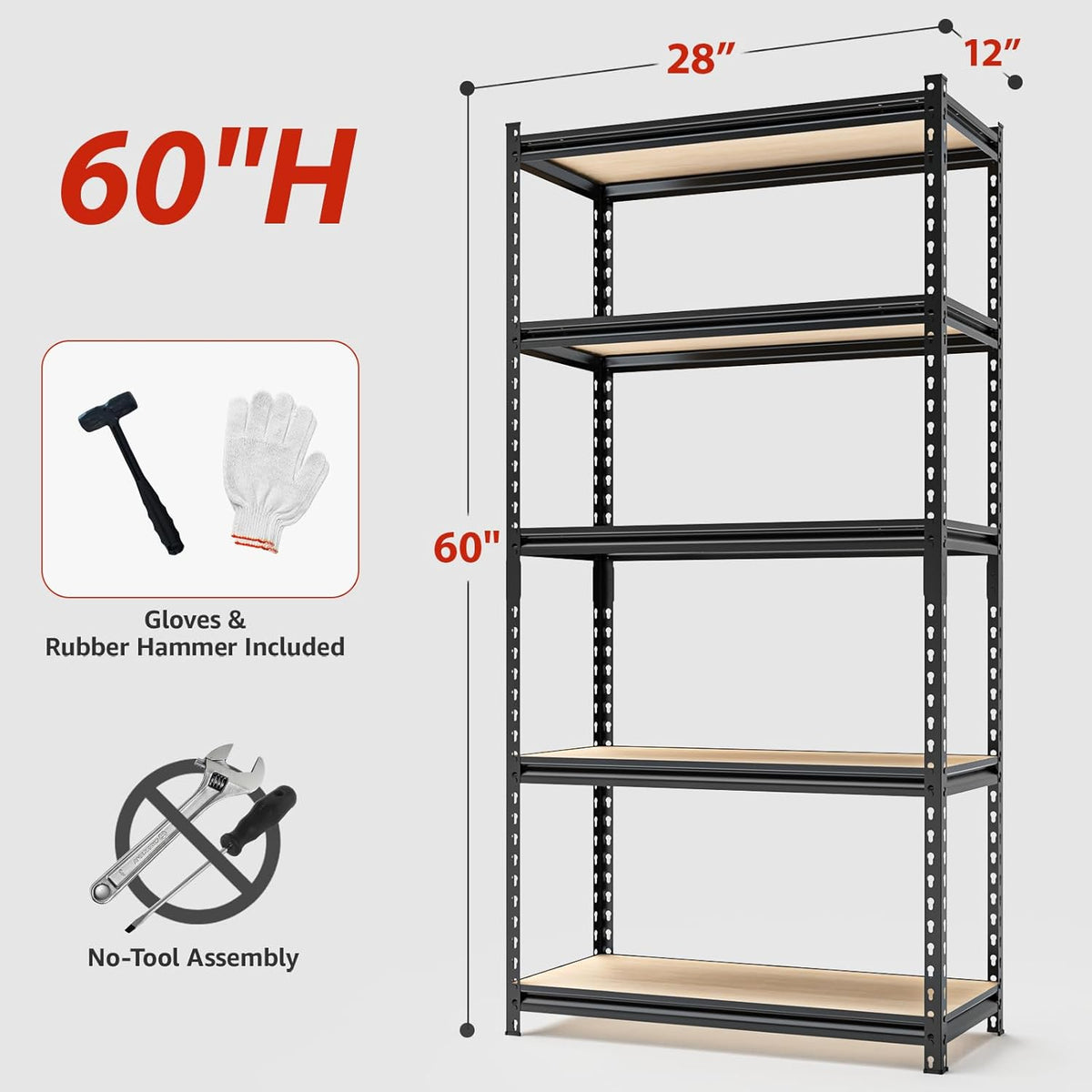 5-Tier Adjustable Metal Storage Shelves Heavy Duty Garage Shelving, 60" H x 28" W x 12" D Shelving Unit Rack for Kitchen, Classroom, Dormitory, Basement & Warehouse