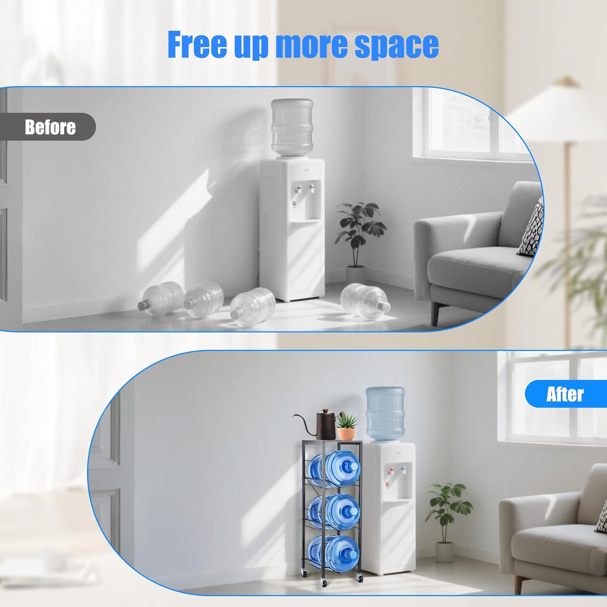 3-Tier 5 Gallon Water Bottle Holder with Lockable Casters, Heavy Duty Water Jug Rack with Wood Top Shelf, Water Dispenser Stand for Kitchen, Office, Garage