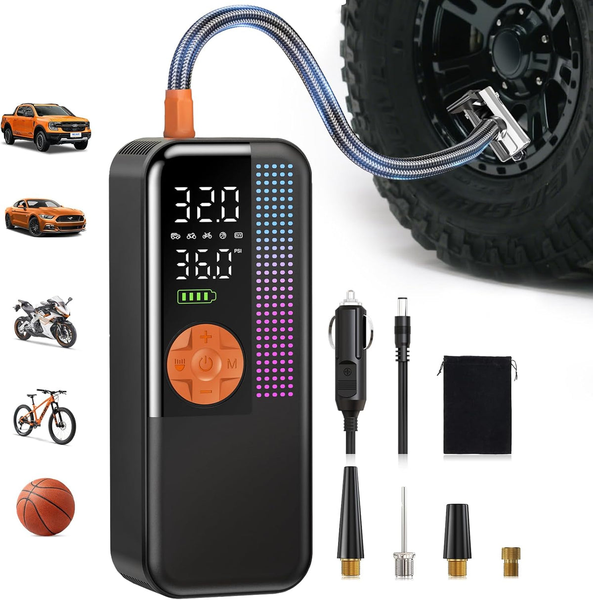 Portable Tire Inflator Air Compressor, 150 PSI Cordless Air Pump, 6000mAh Battery & 12V Car Outlet, Digital Pressure Gauge, Auto Shut-Off, Fast 24L/Min, LED Light, 4 Preset Modes for Car, Bike, Balls