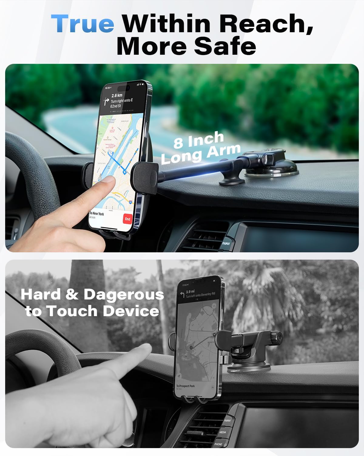 1Zero Solid Car Truck Phone Mount Holder with Thick Gooseneck Long Arm, Windshield Window Mobile Holders w/Industrial-Strength Suction Cup, Anti-Shake Stabilizer Compatible All Cell Phones, Black