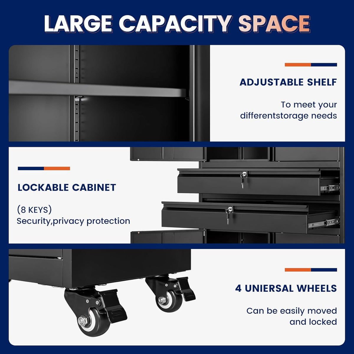 Yizosh Metal Garage Storage Cabinet with Locking Doors and Adjustable Shelves, 74" Rolling Tool Storage Cabinet with 4 Wheels and 2 Drawer for Garage,Warehouse