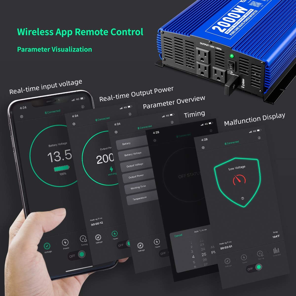 2000W Pure Sine Wave Inverter 12V DC to 110V AC Power Inverter for Home/Truck/RV/Camping/Boat/Off Grid Solar System Car Inverter with 3AC Outlets, 1 USB Port and APP Remote Control