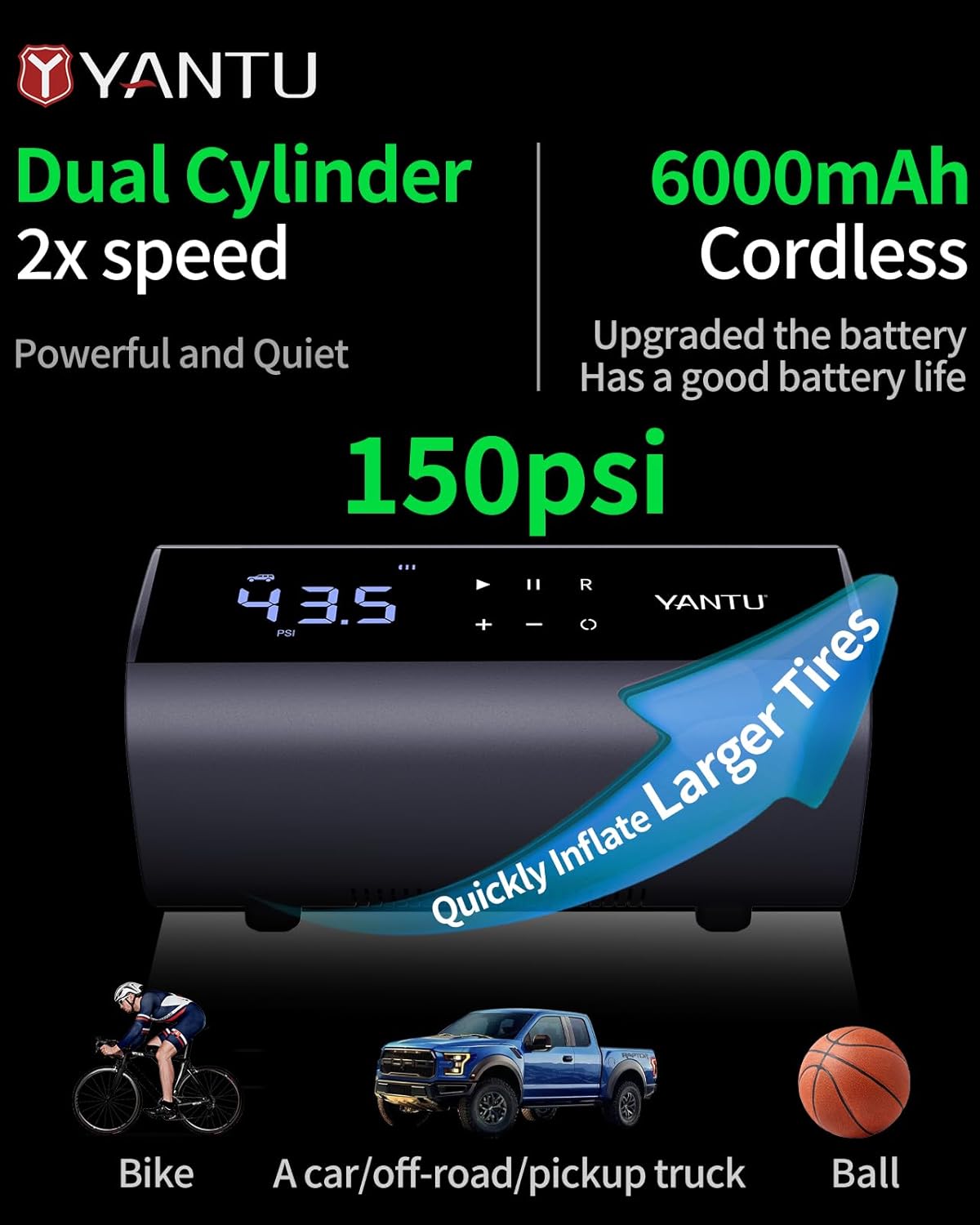 YANTU Dual Cylinder Tire Inflator Portable Air Compressor With 8.3-Inch Large Digital Screen,12V Cordless/battery powered Car Air Pump For Car Tires，Electric Auto Shut Off for Truck/Bike/Pickup/Moto