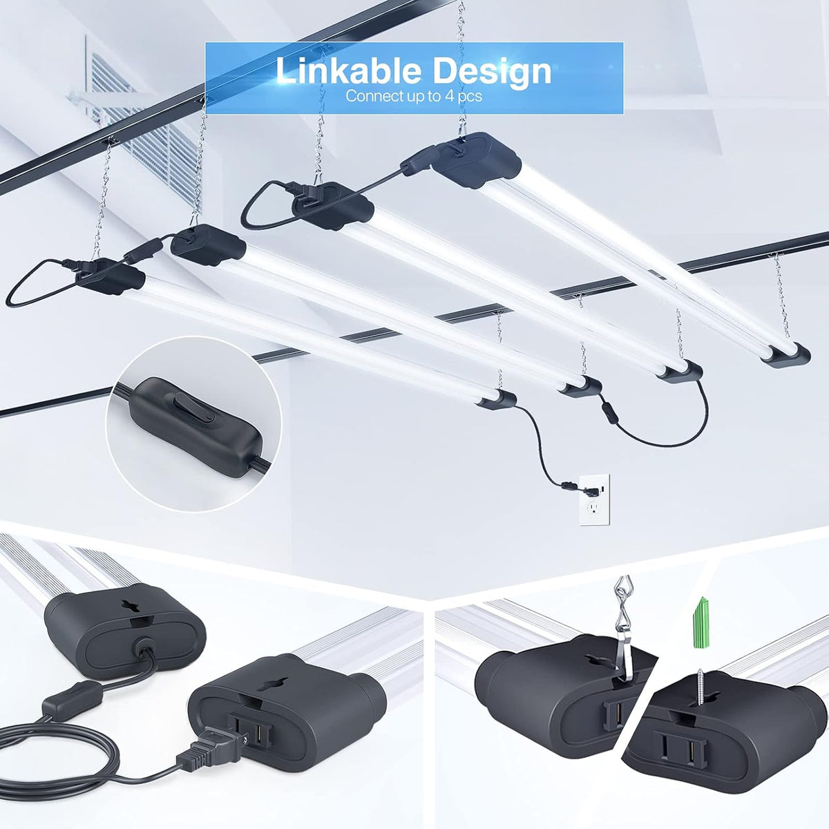 Ensenior 6 Pack Linkable Led Shop Light 4ft for Garage, 4400 High Lumens, 36W Equivalent 280W, 5000K Daylight, 48 Inch Utility Shop led Lights, Surface or Hanging Mount Fixtures, Black, ETL Certified