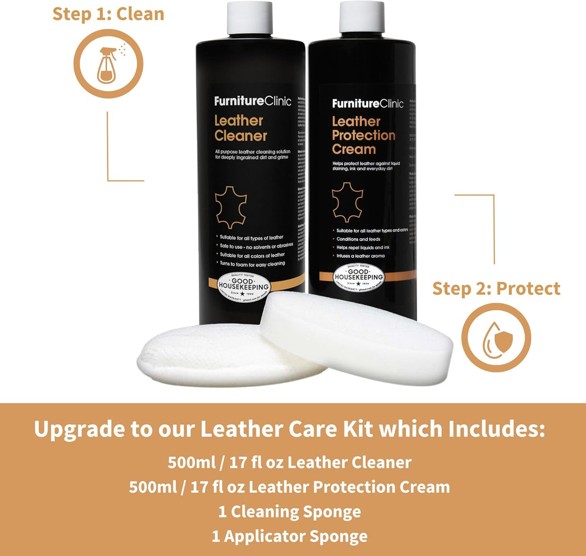 Furniture Clinic Leather Cleaner | Non-Toxic | Removes Dirt & Grime | All-Purpose Cleaning Solution for Couches, Car Seats, Purses, Shoes & Saddles | Restores All Leather Types | 17oz / 500ml