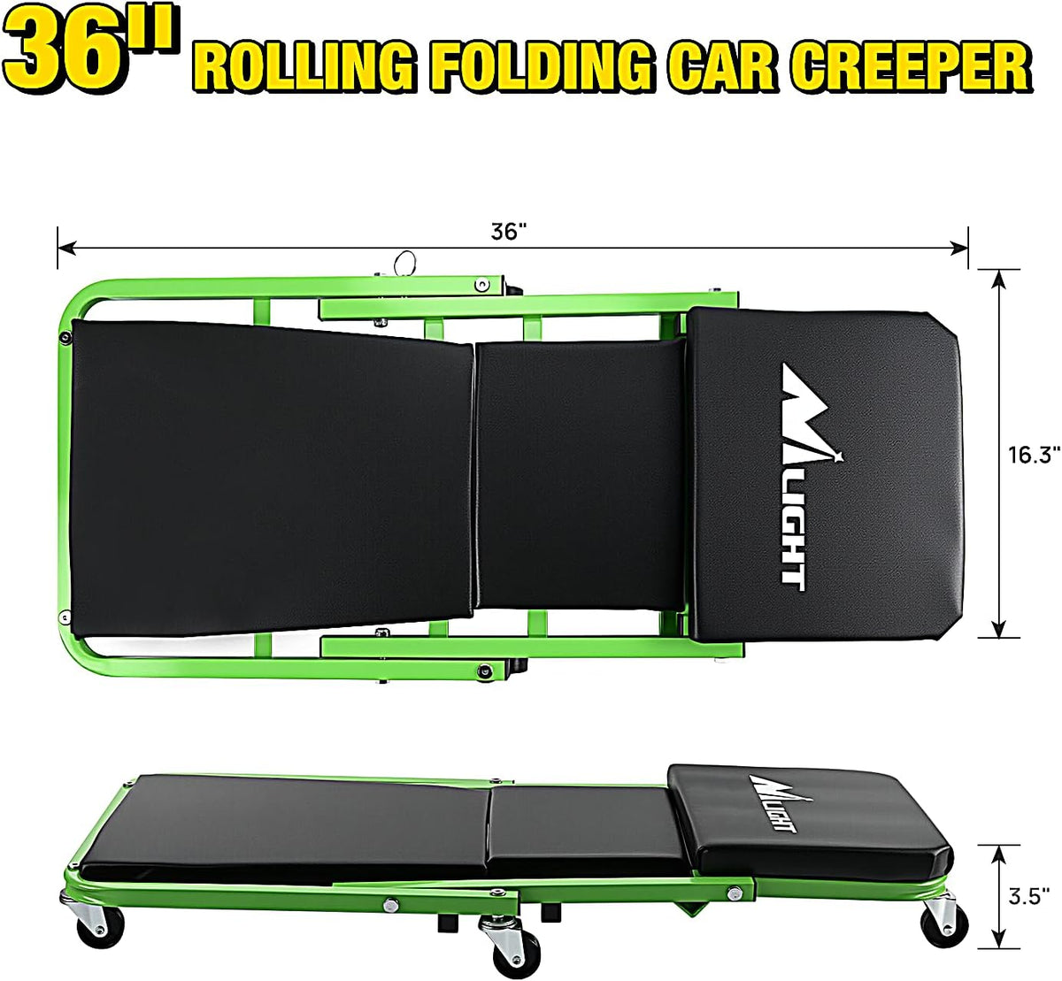 Nilight 36" Z Creeper - 2-in-1 Rolling Folding Car Seat, 36 inches Adjustable Roller Garage Chair Lay Down or Sit, 330LBS Capacity, Green Black