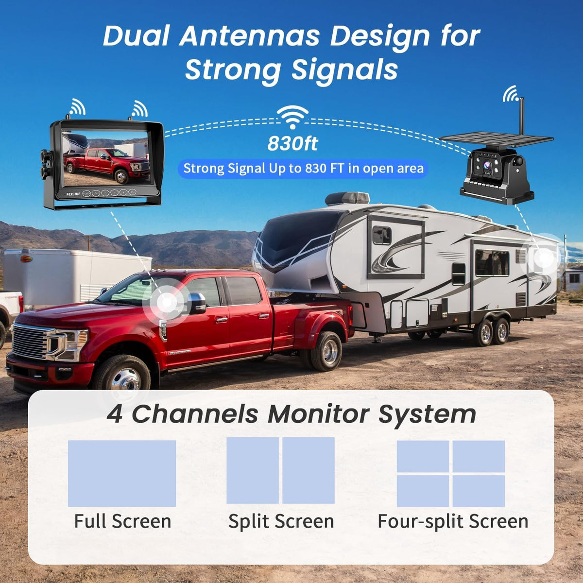 Dual Magnetic Solar Wireless Backup Camera for RV Truck Trailer – 7" 1080P Monitor with Recording, 1-Min Install, No Delay, Wide View, IR Night Vision, 4 Channels, Auto-Sleep Rechargeable