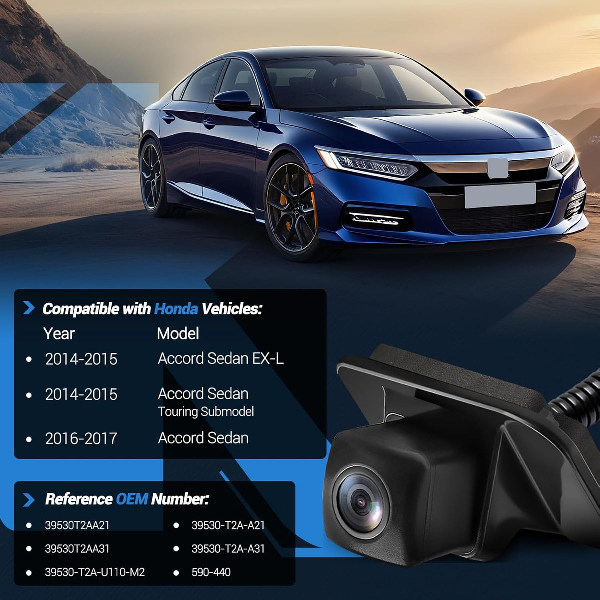 Backup Camera Rear View Camera Compatible with 2014-2017 Honda Accord Sedan EX-L/Touring 170° Wide Angle HD Night Vision, Replaces OEM 39530-T2A-A21 39530-T2A-A31 590-440