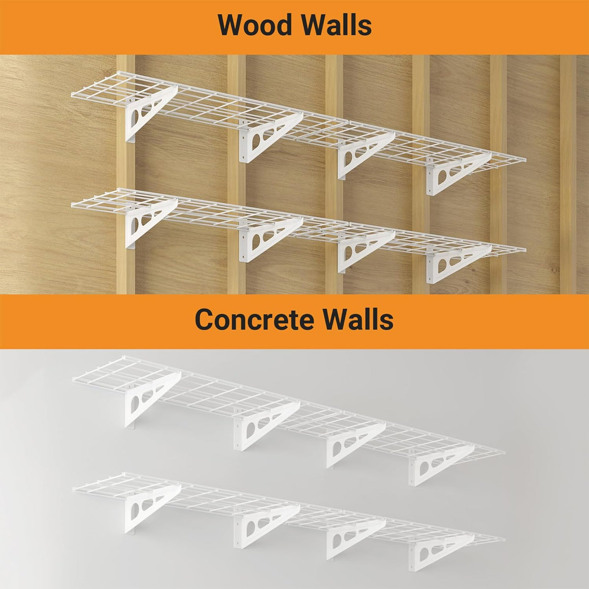 1x6 ft Garage Shelving, 2-Pack Wall-Mounted Shelves for Garage, Kitchen, Pantry Storage, 600 lbs Total Load Capacity Wall Shelving, White