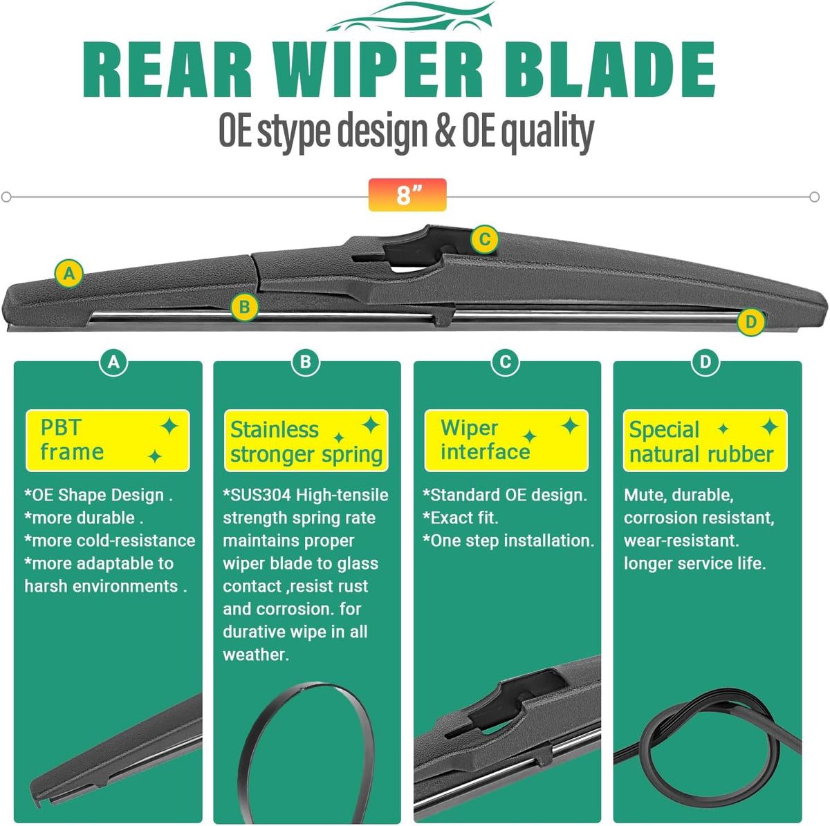 24" 14" 8" Windshield Wiper Blades Replacement for Chevy Chevrolet Spark 2016 2017 2018 2019 2020 2021 Premium All Weather Front Rear Wipers Set - OEM Quality (Pack of 3)