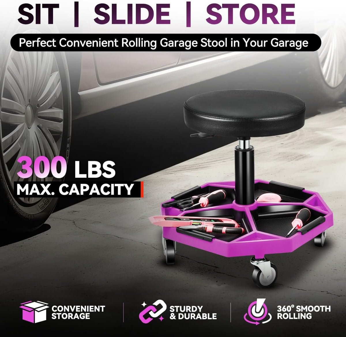Auto Dynasty Mechanic Stool, Adjustable Rolling Pneumatic Creeper Garage Shop Seat with Tool Tray, 300 LBS Roller Seat for Workshop Auto Repair, Adjustable Height 15.7" to 21", Purple