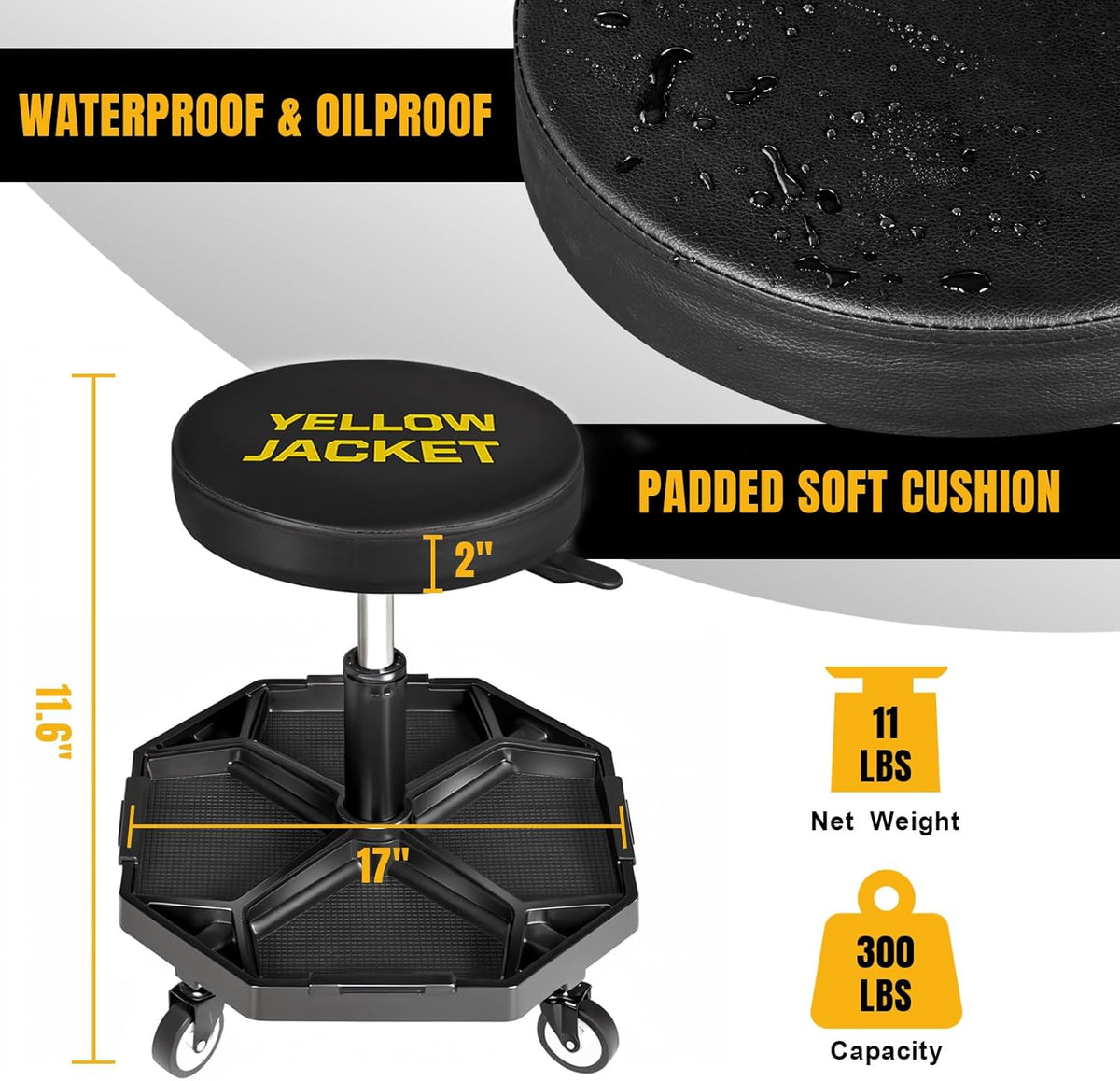 YELLOW JACKET Rolling Garage Seat Adjustable Pneumatic Shop Creeper Seat 300Lbs Mechanic Stool with Wheels and Removable Tool Tray Storage Workshop Chair for Auto Repair