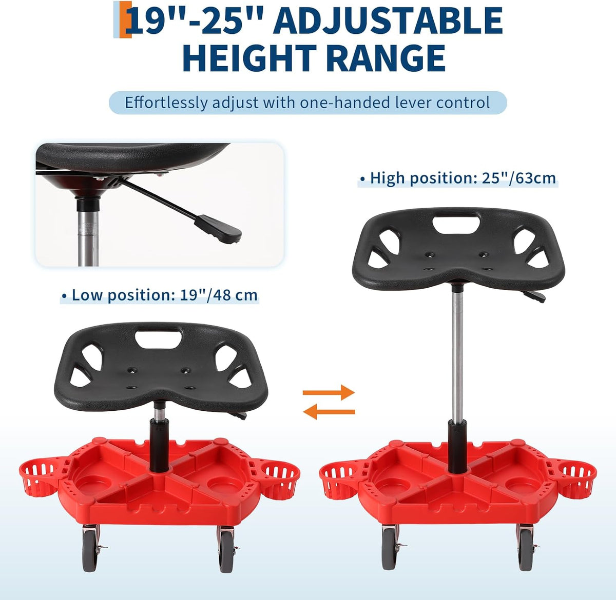 Garage Stool, 18”-23” Adjustable Rolling Mechanic Stool with Universal Wheels, Removable Magnetic Tool Tray, 300LBS Capacity, Roller Creeper Seat, Shop Chair