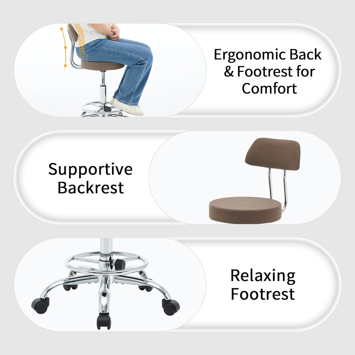 Office Drafting Chair (Rolling Office Stool) (Adjustable Height Footrest Massage Chair 19.56’’-26.6’’) Lab Stool with Back (Coffee Brown)