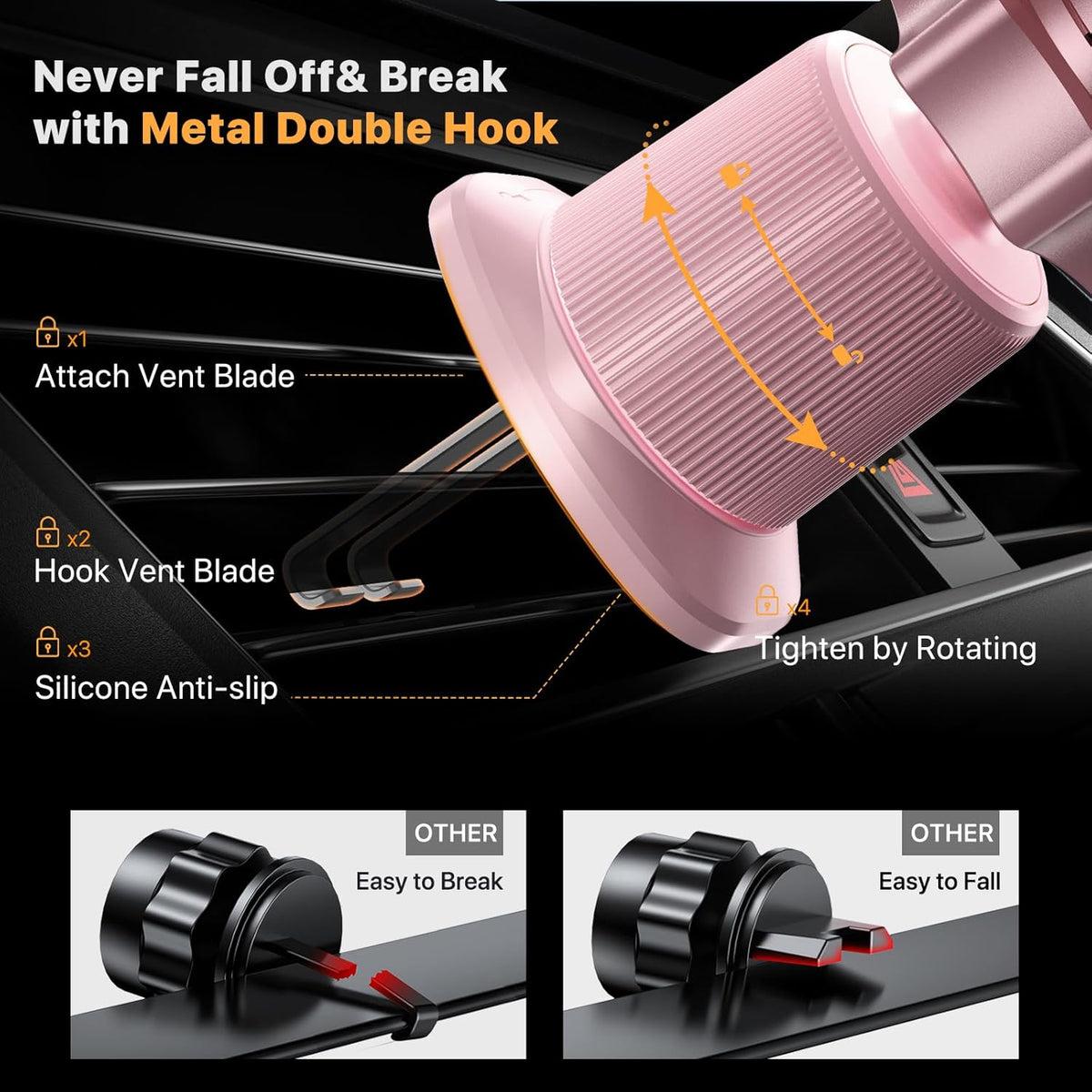 Miracase Phone Holders for Your Car with Metal Hook Clip, Cell Phone Mounts Air Vent Cell Phone Stand Car Mount, Universal Automobile Cradle Fit for iPhone Android and All Smartphones (Pink)