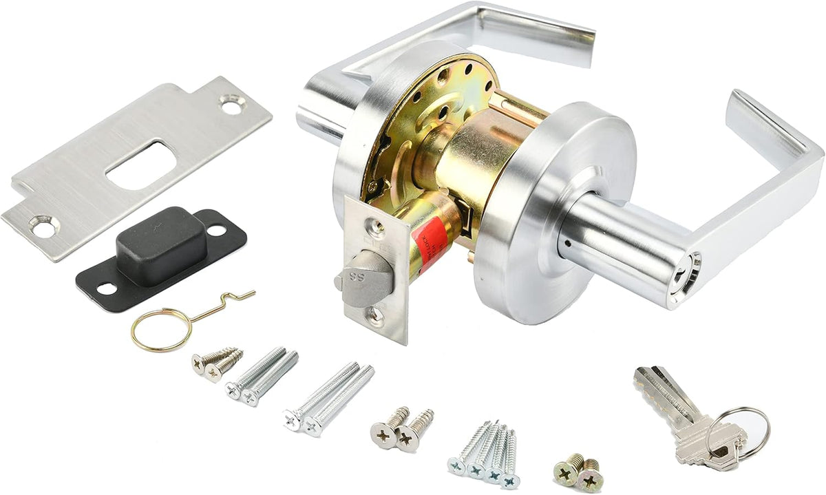 Commercial Lever Door Lock - Heavy-Duty Locking Door Handle, ADA Door Handles, Cylindrical Lever Lock, Non-Handed Grade 2 Industrial Door Handle, 26D Satin Chrome, Entrance Keylock