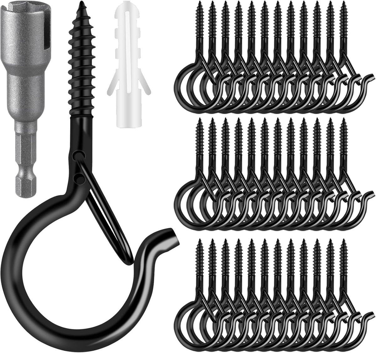 96 PCS Q-Hanger Hooks, Screw Hooks for Outdoor String Lights, Safety Buckle Design Cup Eye Hook for Hanging Christmas Lights, Plants, Mounted on Wall Ceiling, Include 1 Wing Nut Driver, Black
