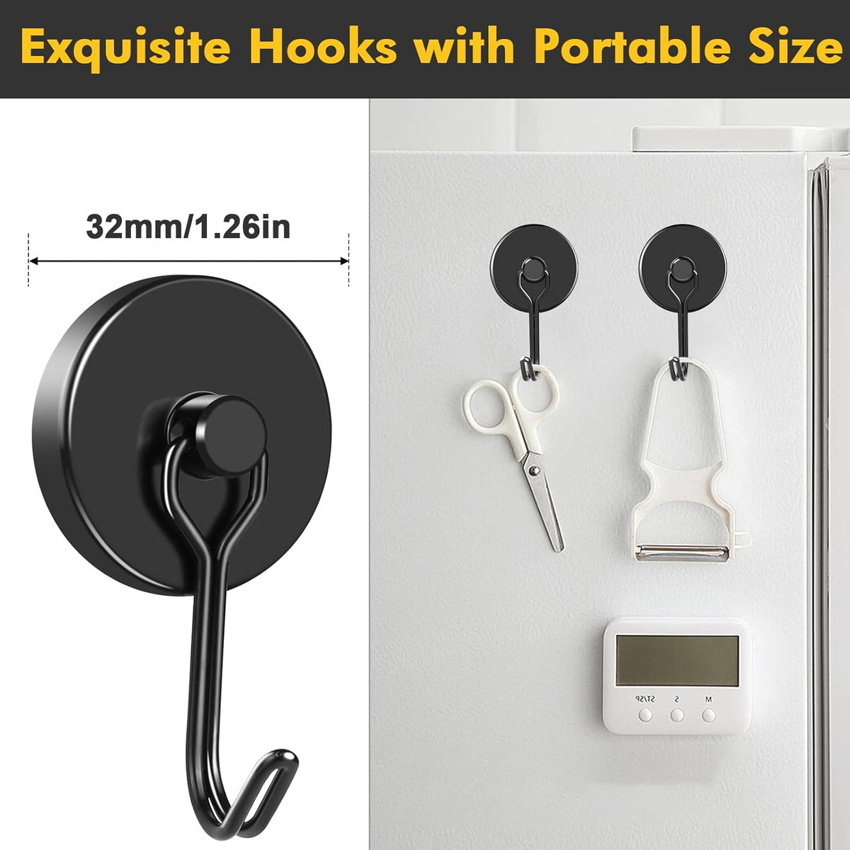 MIKEDE Black Magnetic Hooks Heavy Duty, 110LB Swivel Swing Strong Magnetic Hooks Cruise,Neodymium Hook Magnets for Hanging, Home, Workplace, Metal Door, Office and Garage - Pack of 4