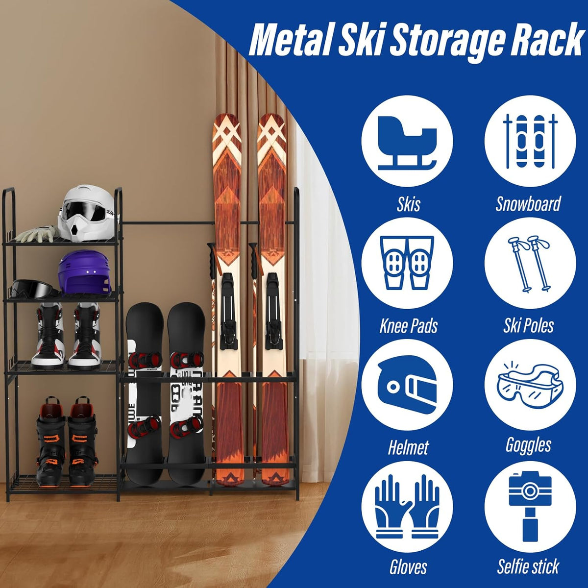 Ski Rack for Garage Freestanding Ski Storage Rack Metal Ski Holders with Storage Shelf Heavy Duty Floor Stand Ski Organizer for Snowboard Ski Poles Ski Boot Goggles Helmet