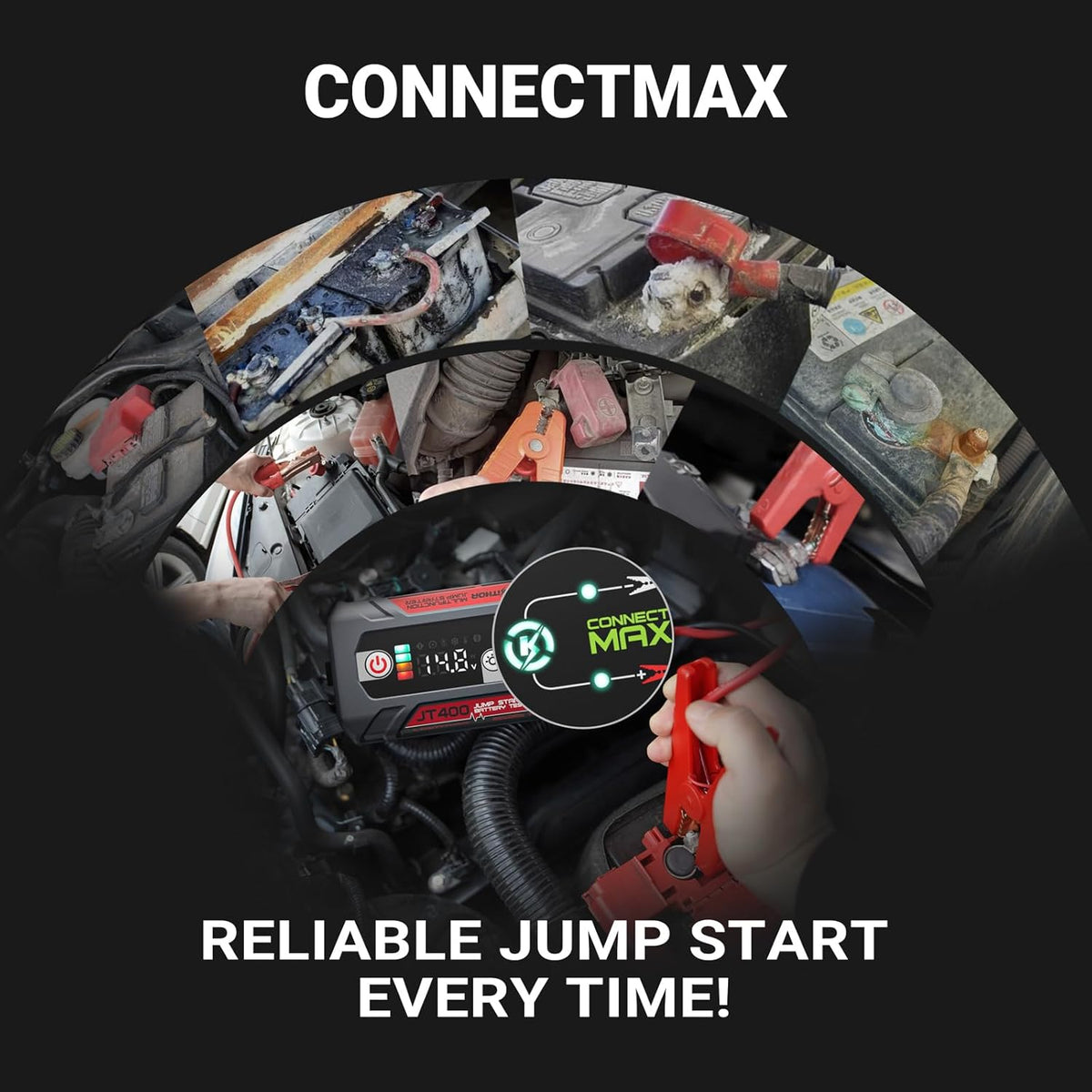 JT400 Jump Starter and Battery Tester, 2500A 12V Car Jumper Starter Portable (8.5L Gas/6.5L Diesel Engines), 100-2000 CCA Bluetooth Car Battery Tester Alternator Tester, Smart Digital Screen