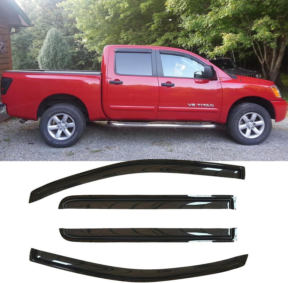 Side Window Vent Wind Deflectors fit for 2004-2015 Nissan Titan Crew Cab,4pcs Out-Channel Tape On Visors Shades, Dark Smoke Nice Looking Sun Rain Guards 94858