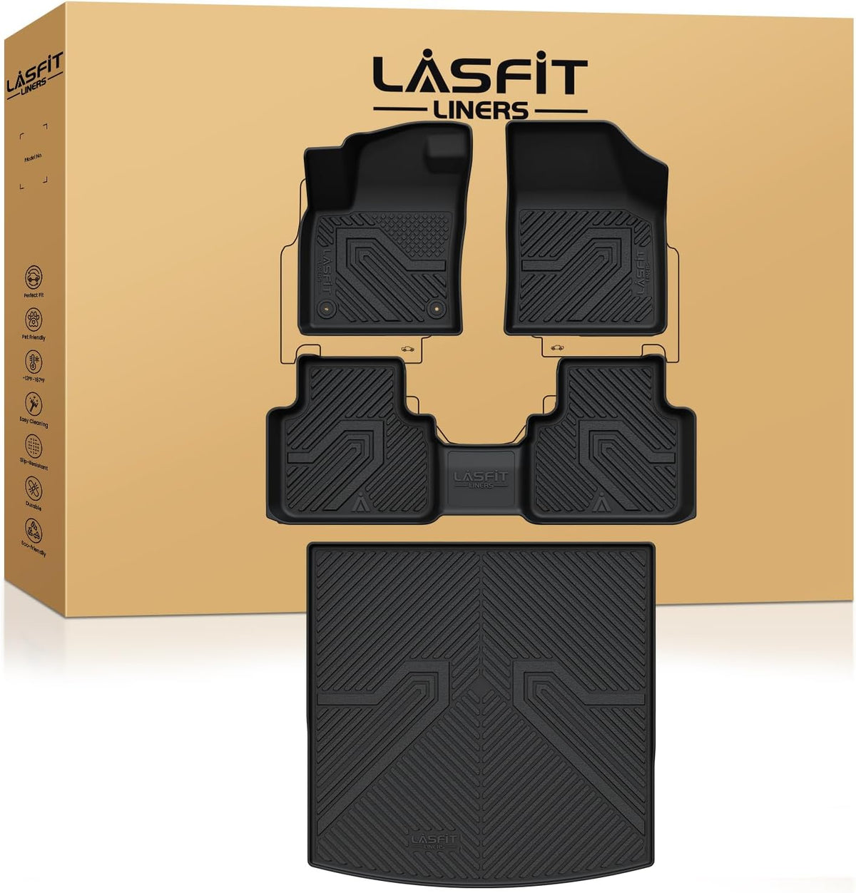 LASFIT Floor & Cargo Mats Fits for VW Atlas Cross Sport 2020-2025, All Weather TPE Custom Fit Floor Liners for 1st and 2nd Rows Car Mats & Trunk Mat for Volkswagen Atlas Cross Sport Accessories, Black