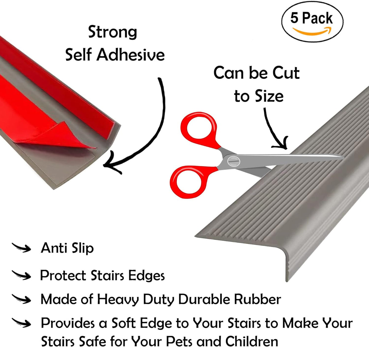 Rubber Bond Stair Edge Protector (Pack of 5) 36x2x1 inch Anti-Slip Stair Corner Trim Rubber Strips - Waterproof Self-Adhesive Staircases for Outdoor & Indoor Uses | Protect Kids & Pets - Grey