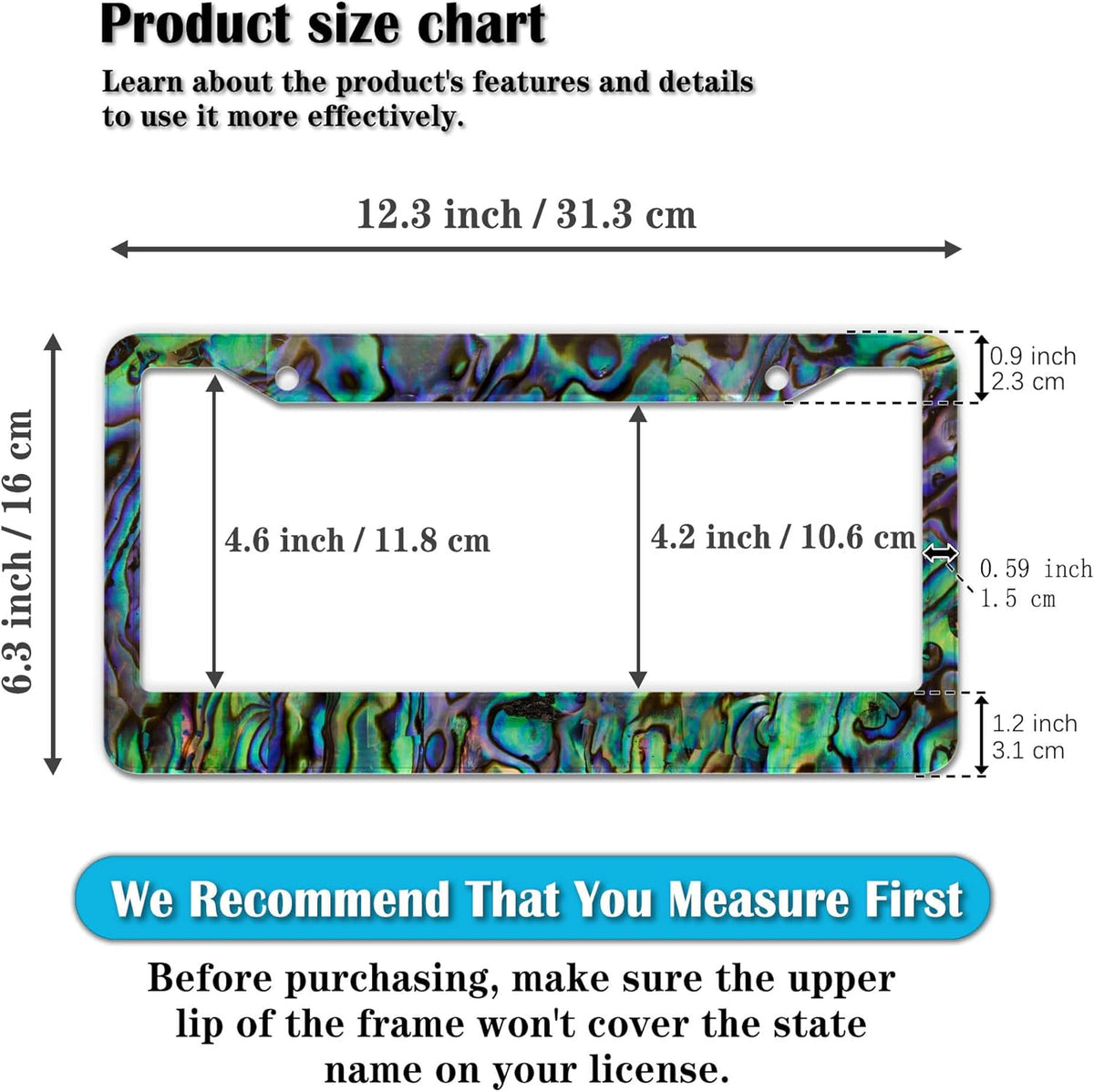 License Plate Frames Multicolor Fun License Plate Frame Cover Faux Abalone Texture Universal Aluminum Car Accessory 2 Pack with Screw Covers Set