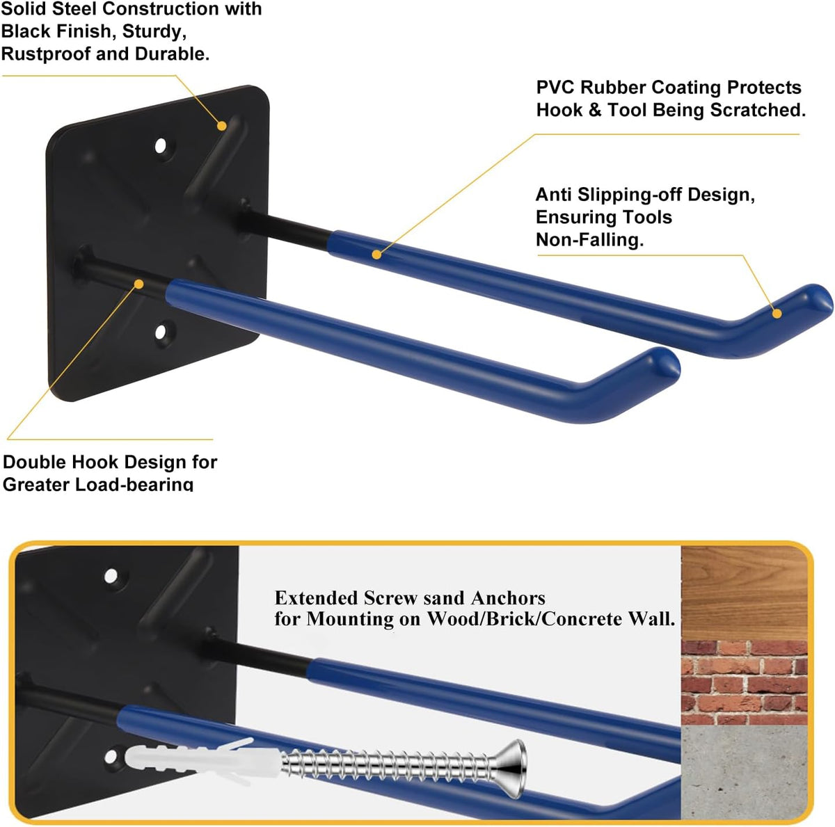 Steel Garage Storage Hooks Wall Tool Organizer, 10 Inch Garage Hook Heavy Duty Utility Storage Hangers Blue for Ladders, Chairs, Garden Tools, Set of 4