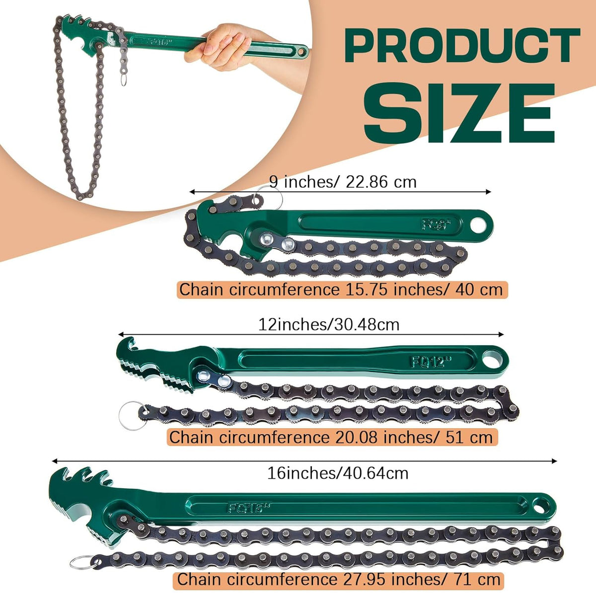 Lasnten 3 Pcs Large Reversible Chain Oil Filter Wrench with 12 16 9 Inch Chain Wrench Adjustable Heavy Duty Carbon Steel Sturdy Pipe Fitting Tool Spanner for Ratcheting Universal(Green)