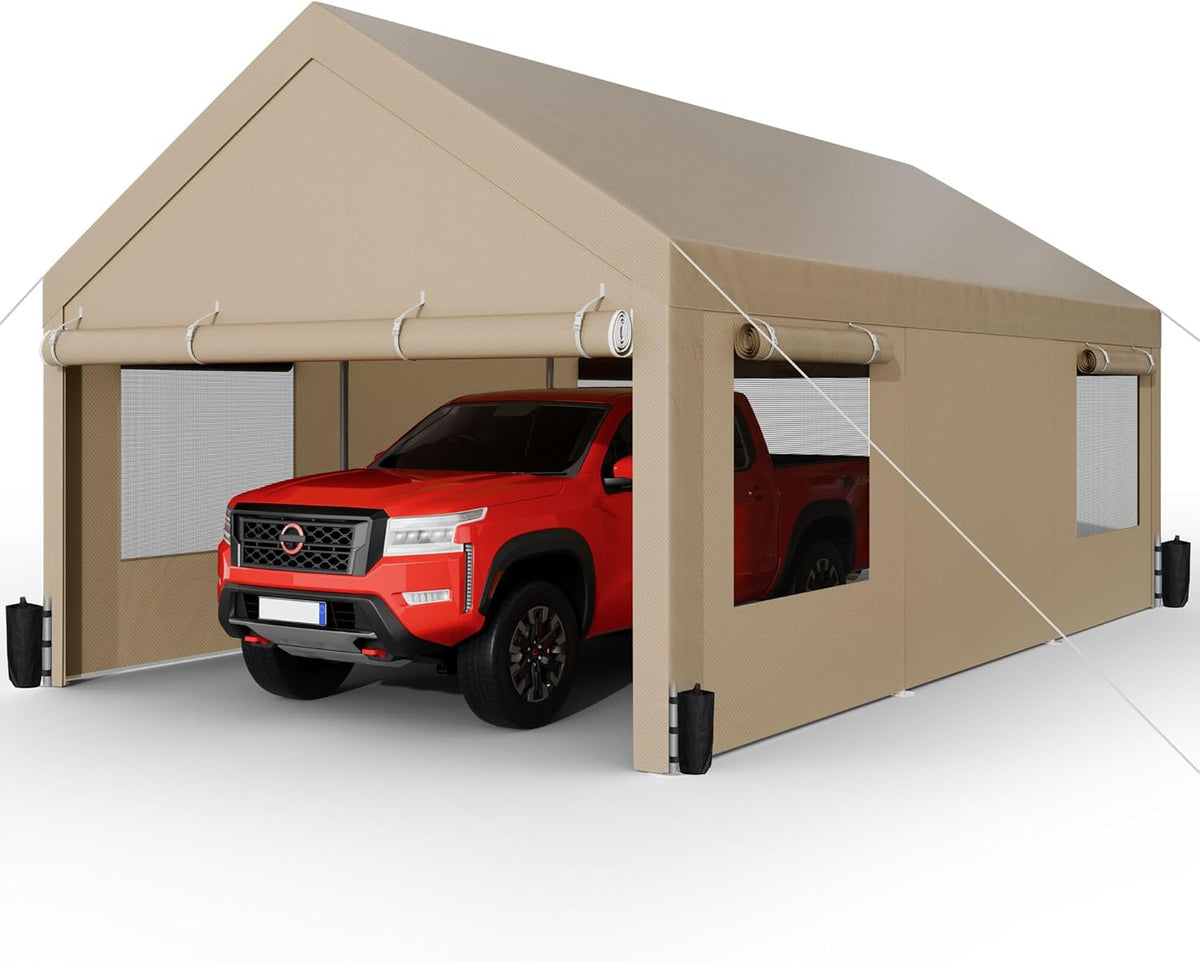 Shintenchi Carport 12' x 20' Heavy Duty Portable Garage, Car Port Canopy with Side-Opening Removable Door & Roll-Up Windows, Car Canopy for Truck,Car,Boat,Motorcycle,Khaki