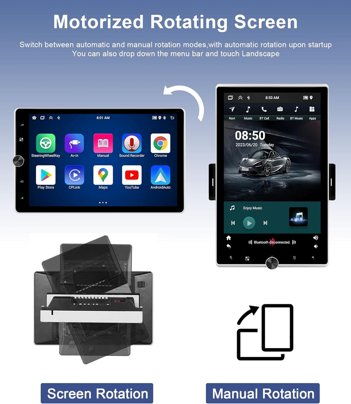 Motorized 2G+64G Single Din Radio with Wireless Carplay -10.4inch HD Vertical Rotatable Touch Screen- Wireless Android Auto FM/RDS EQ GPS Bluetooth with WiFi 50UIs USB MirrorLink Backup Camera