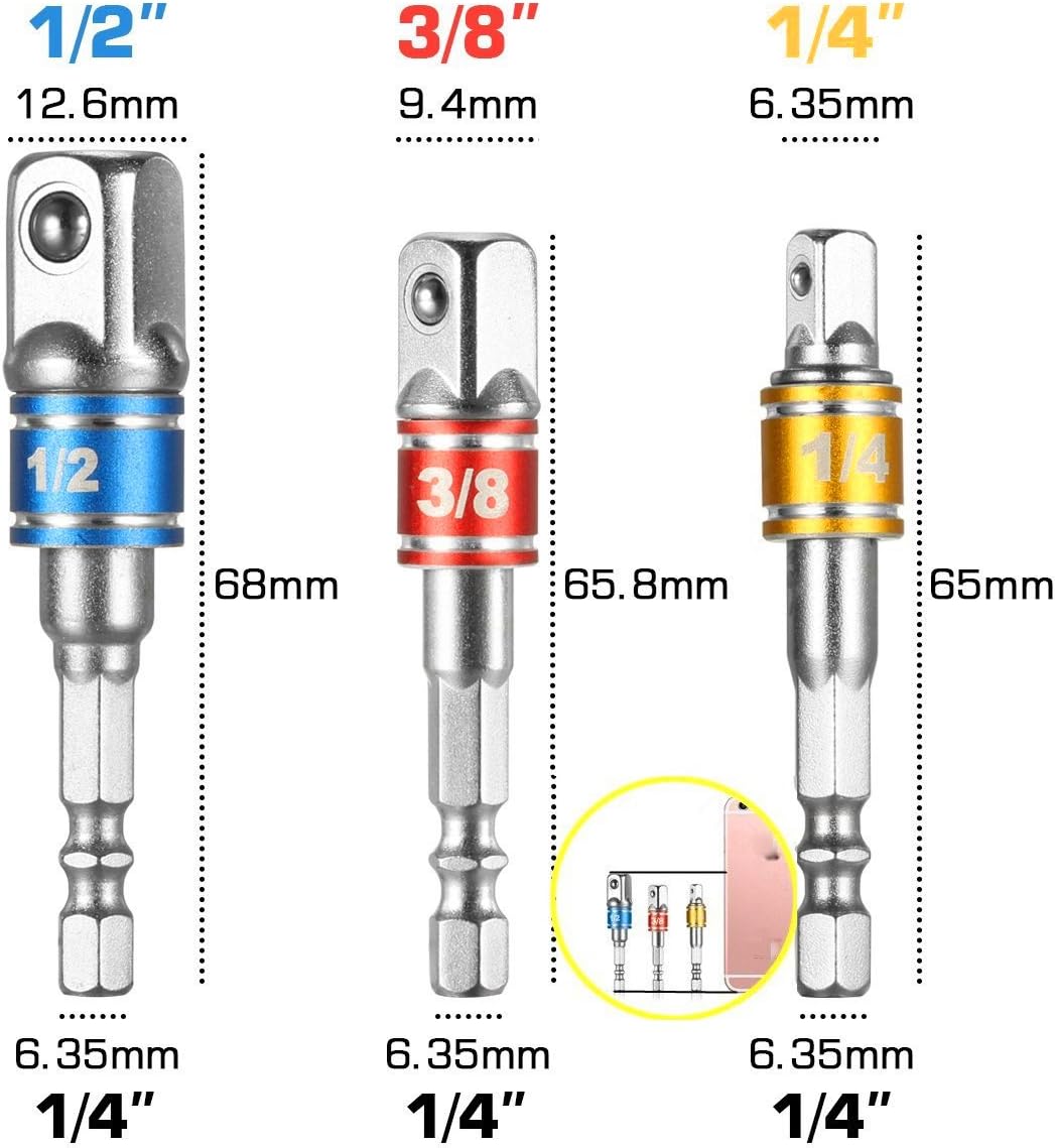Impact Grade Socket Adapter/Extension Set Turns Power Drill Into High Speed Nut Driver,1/4-Inch Hex Shank to Drive for Adapters to Use with Drill Chucks, Sizes 1/4" 3/8" 1/2", Cr-V, 3-Piece