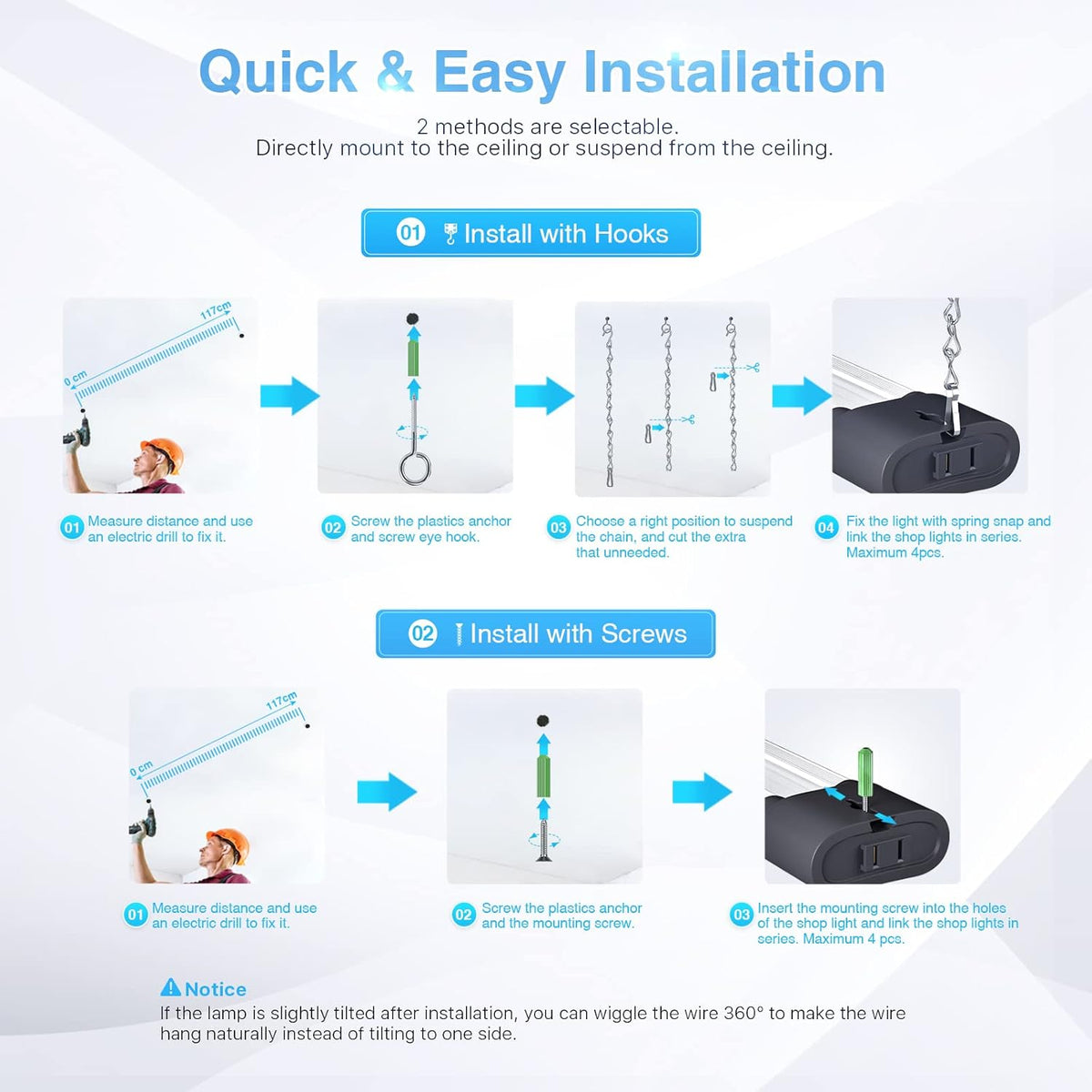 Ensenior 10 Pack Linkable Led Shop Light 4ft for Garage, 4400 High Lumens, 36W Equivalent 280W, 5000K Daylight, 48 Inch Utility shop led lights, Surface or Hanging Mount Fixtures, Black, ETL Certified