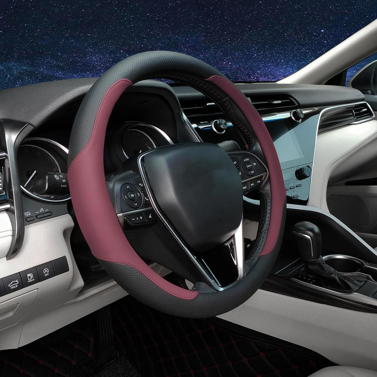 Steering Wheel Cover Standard Size Medium 14.5-15 inch, Breathable Microfiber Leather, Anti-Slip, Soft Grip, Universal Fit for Cars SUVs Trucks, Black and Burgundy