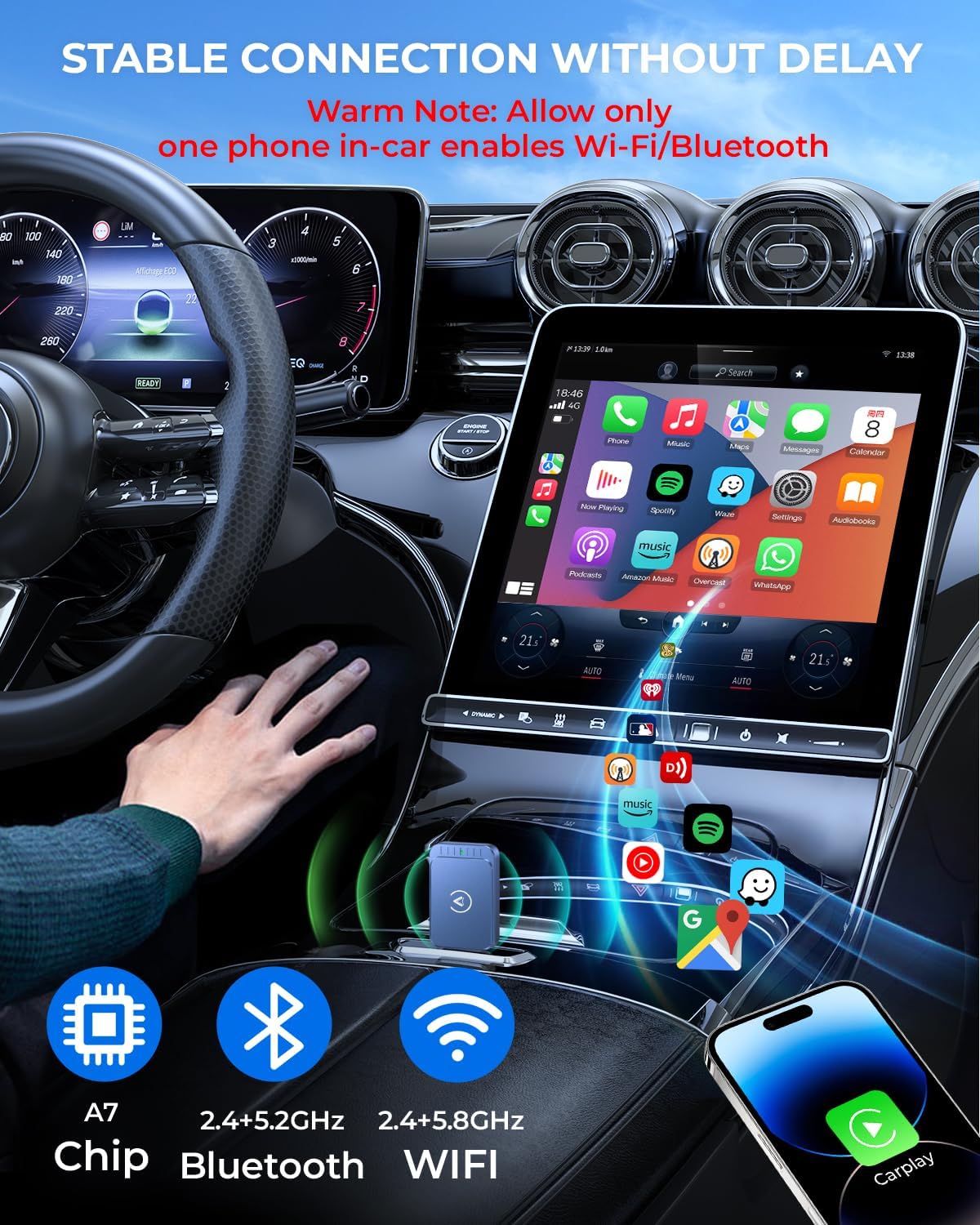 AuroraLink Wireless Carplay & Android Auto Adapter 2-in-1 Fast & Stable Carplay Wireless Adapter Convert Wired to Wireless Car Play Dongle for iOS 10+/Android 11+ (Blue)